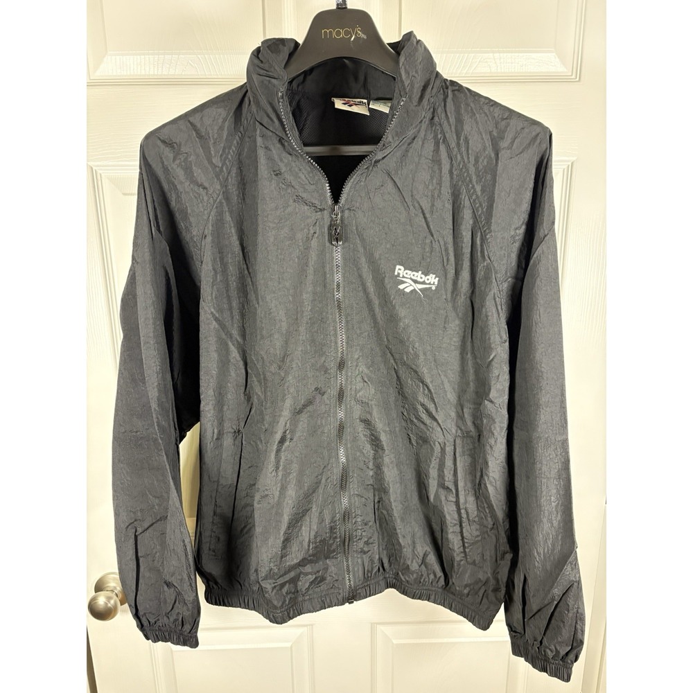 Vintage 90s Reebok Vector Full Zip Windbreaker Jacket Black Embroidered Mens L